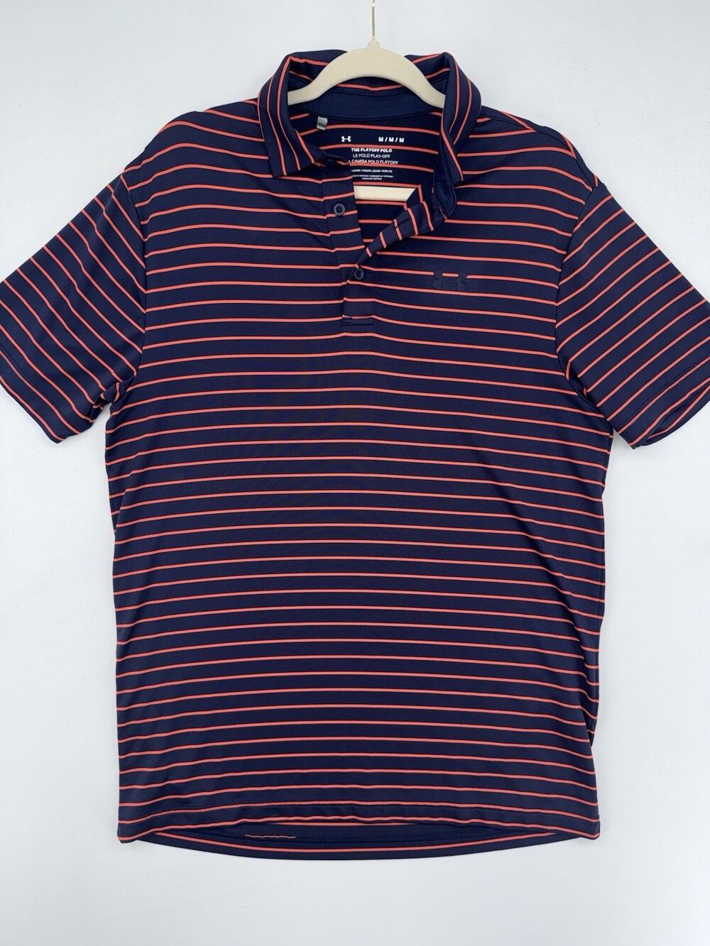 Under Armour Polo Shirt Matchplay Stripe M Navy Blue Orange Poly Blend UPF 50